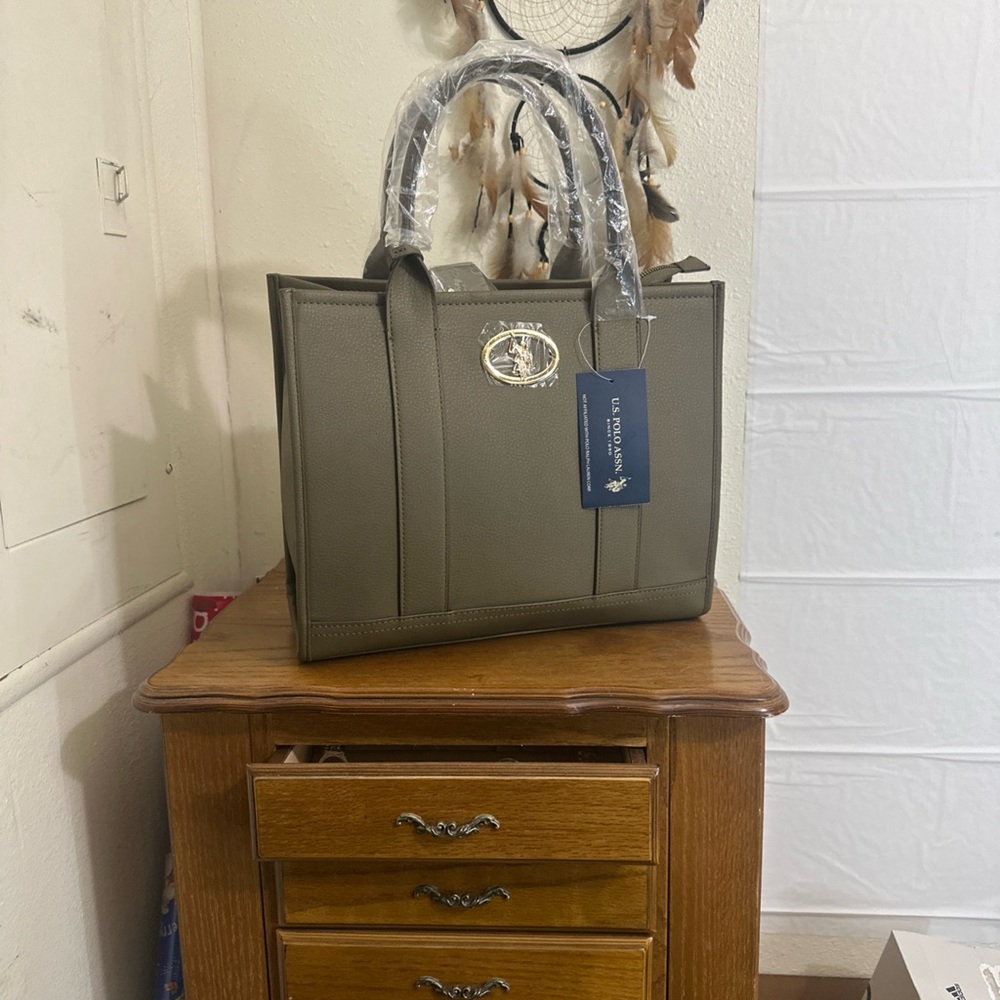 U.S. Polo Assn. Olive Tote with Gold Logo Hardware